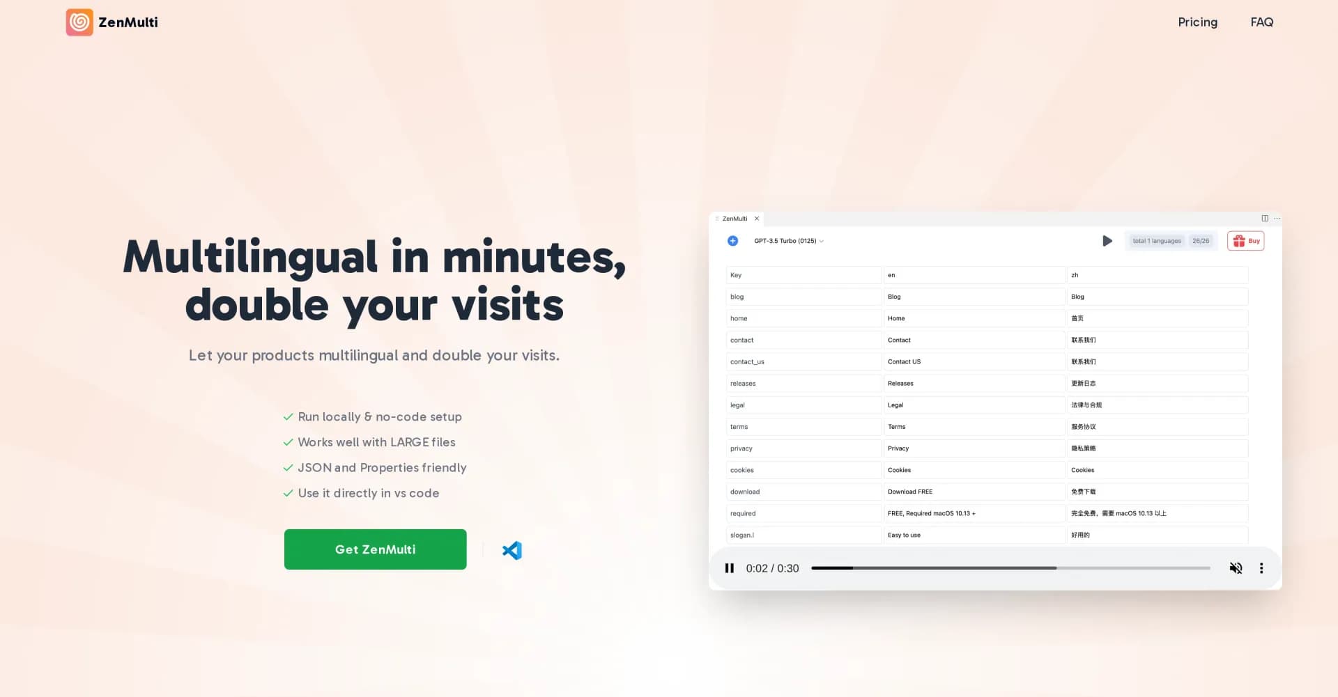 ZenMulti homepage screenshot — Multilingual in minutes, double your visits.