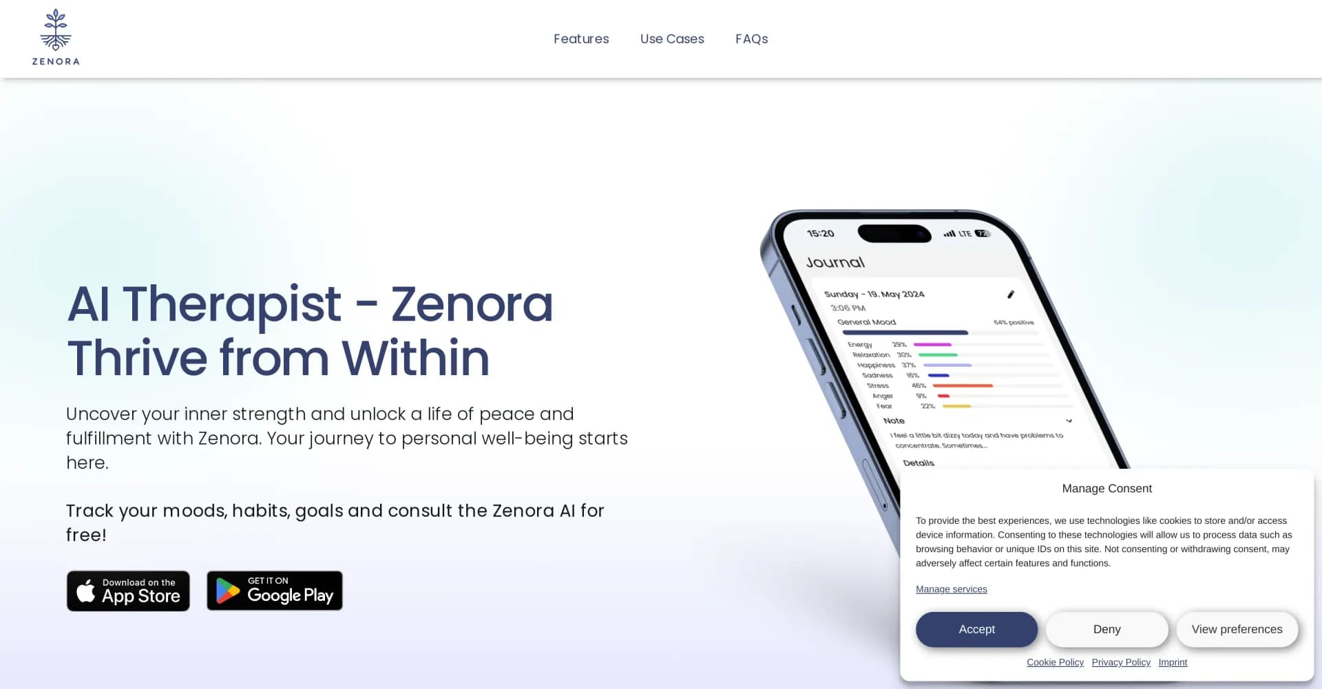 Zenora homepage screenshot — AI therapist for personal well-being and inner strength.