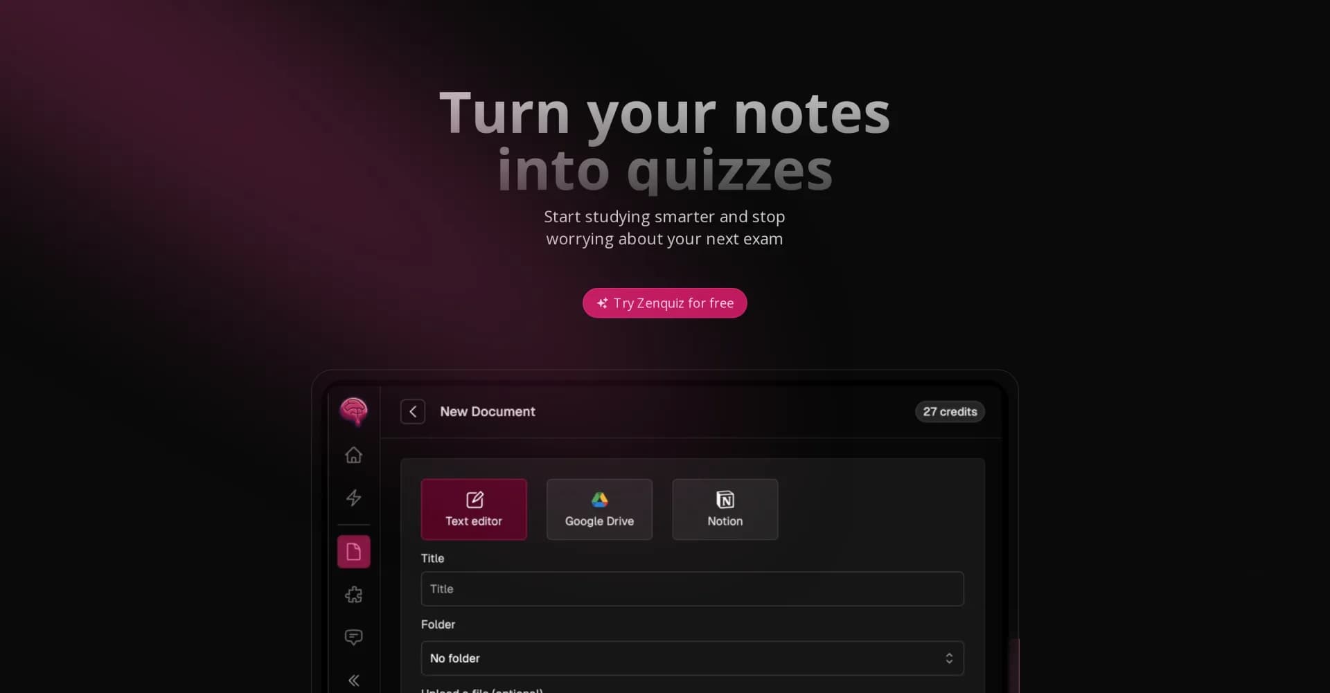 Zenquiz homepage screenshot — Turn your notes into interactive quizzes.