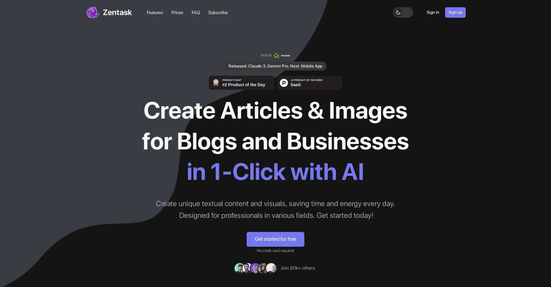 Zentask homepage screenshot — AI-powered content creation in one click
