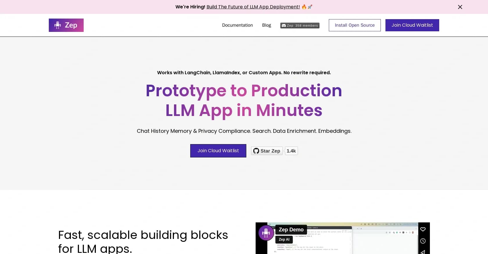 Zep homepage screenshot — Fast, scalable building blocks for LLM apps