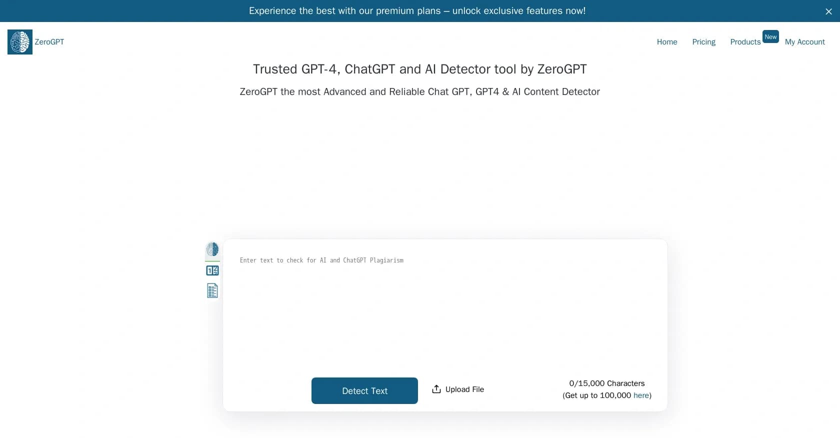 ZeroGPT homepage screenshot — Detect AI-generated text with high accuracy.