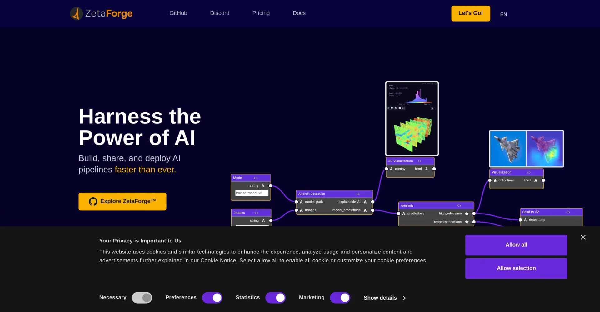 ZetaForge homepage screenshot — Visualize and debug AI models with ease