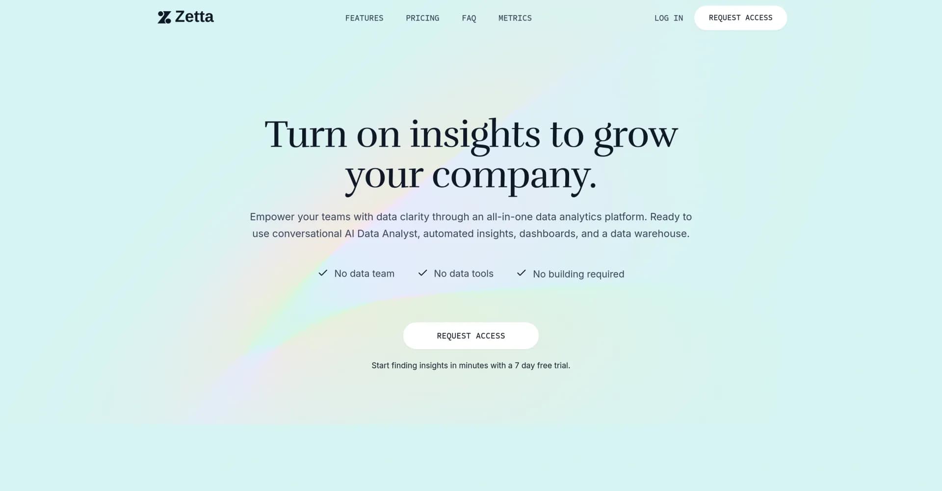 Zetta homepage screenshot — Empower teams with data clarity through AI analytics.
