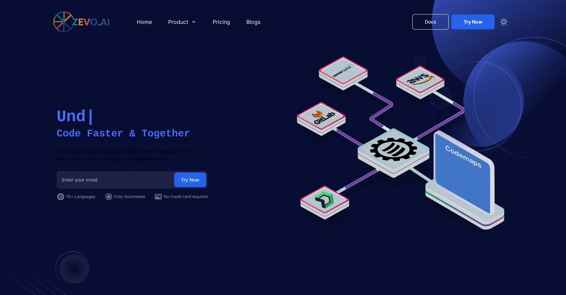 Zevo homepage screenshot — Visualize code for faster comprehension and deployment.