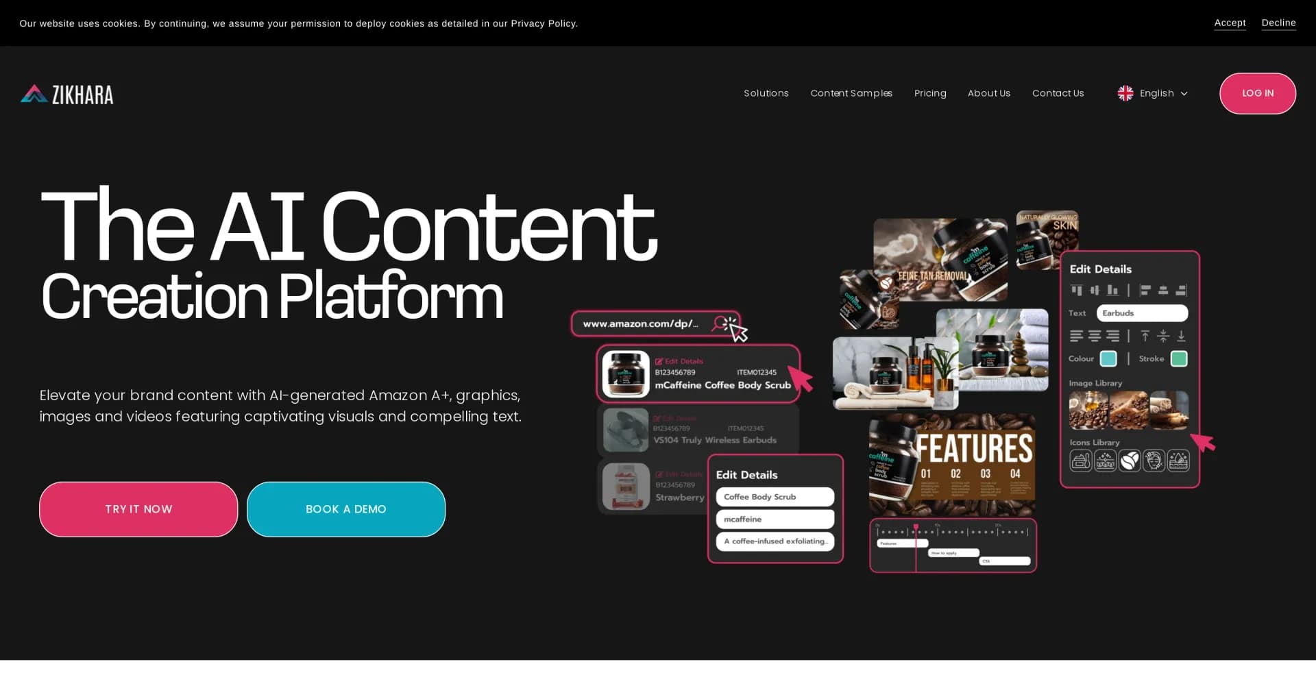 Zikhara AI homepage screenshot — Automate e-commerce content creation with AI