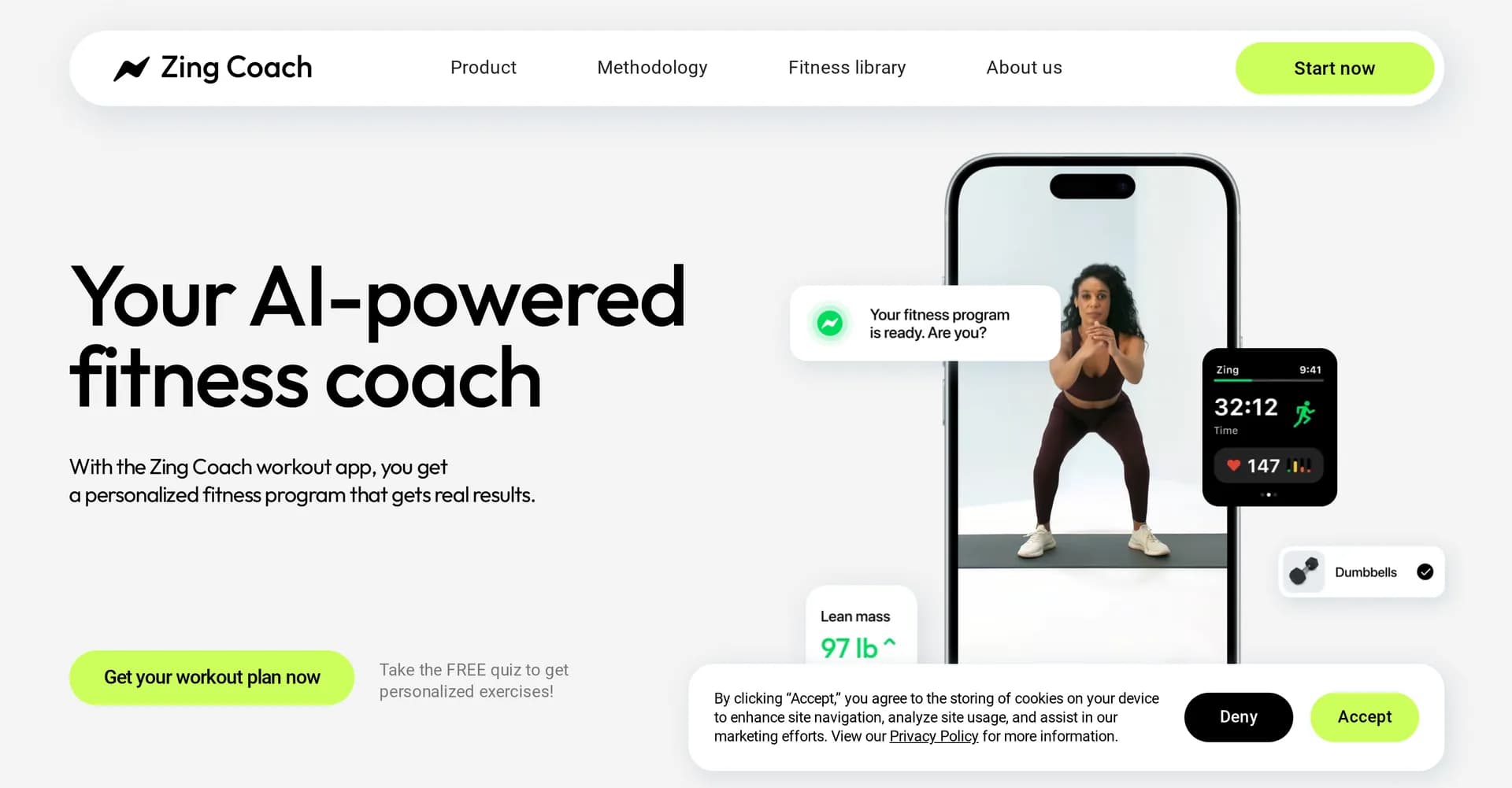Zing Coach homepage screenshot — AI-powered fitness coach for personalized results.
