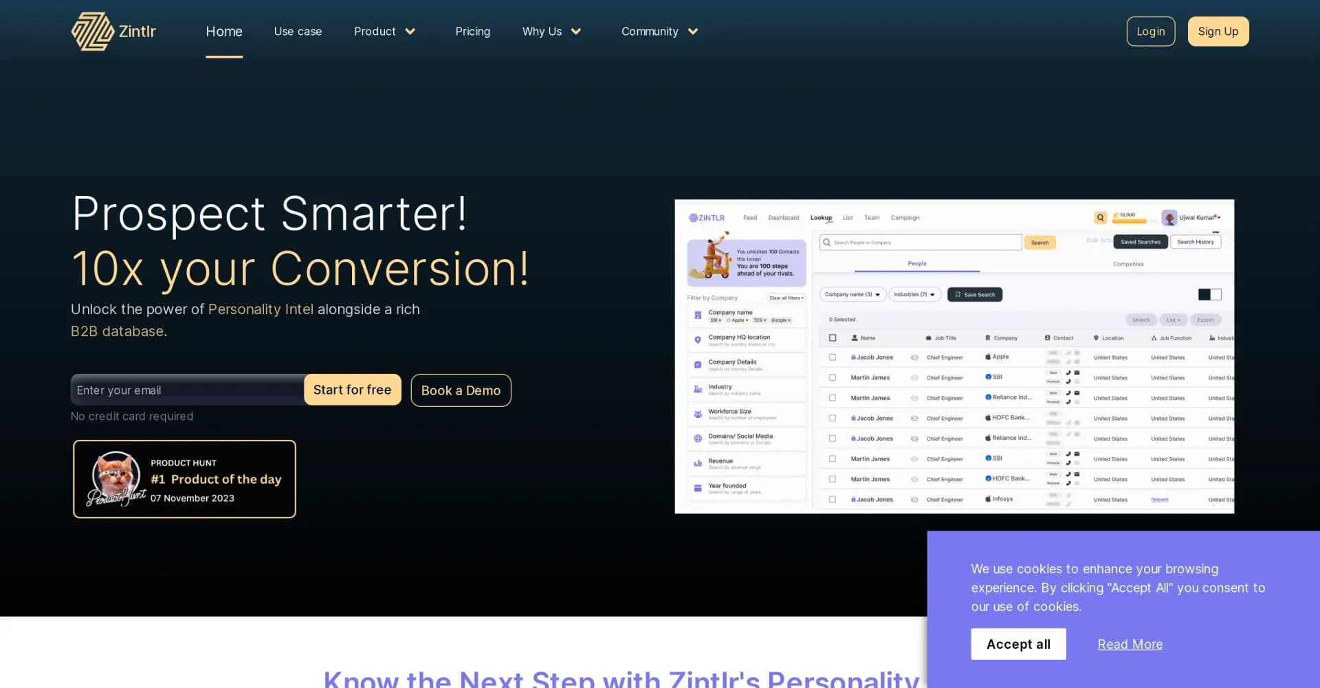 Zintlr homepage screenshot — Unlock your next customer with B2B intelligence.