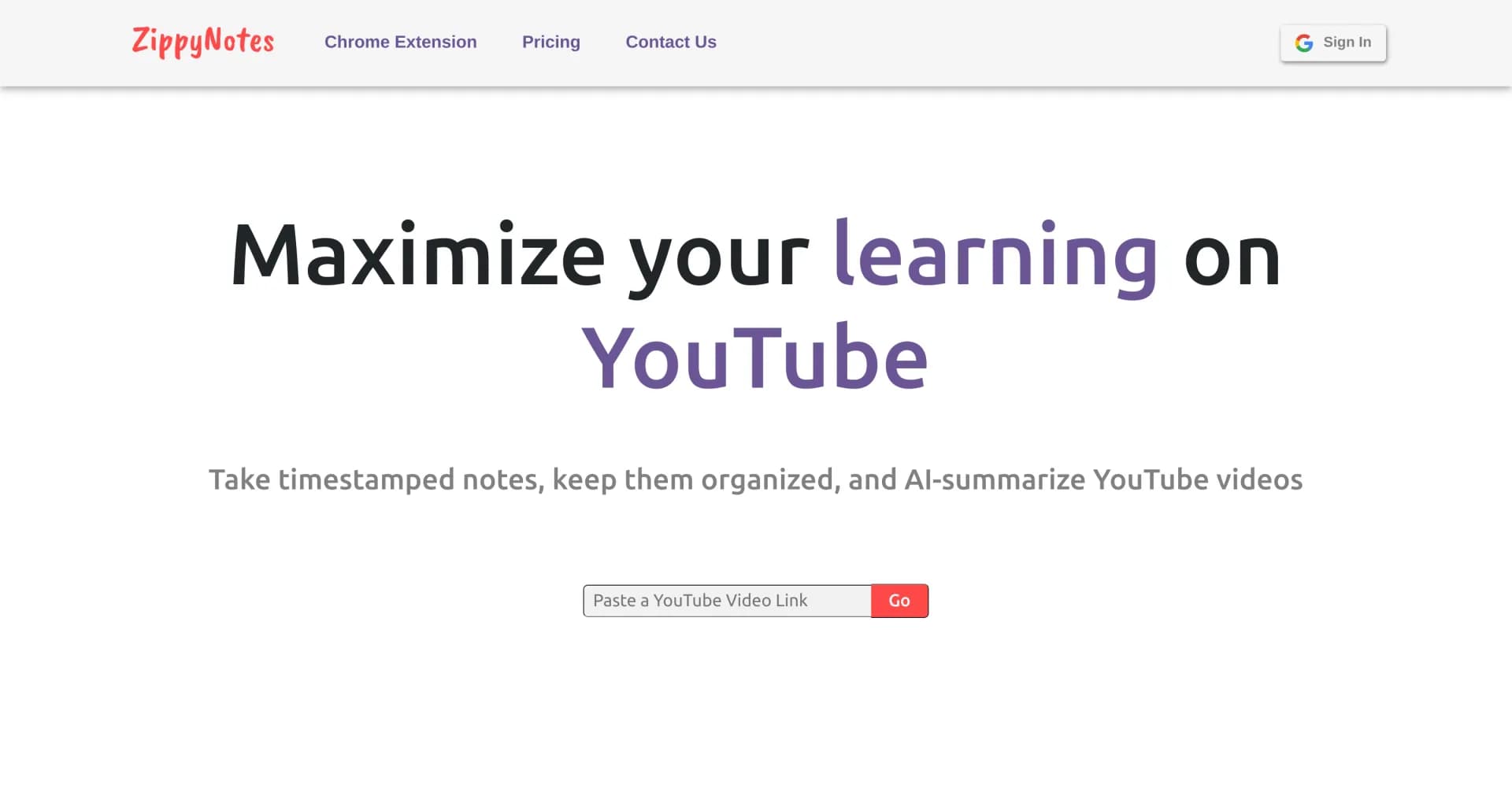 ZippyNotes homepage screenshot — Maximize YouTube learning with AI-powered timestamped notes.