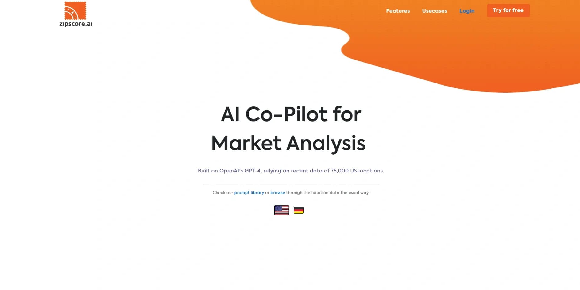 Zipscore homepage screenshot — Market analysis & location planning with data support.