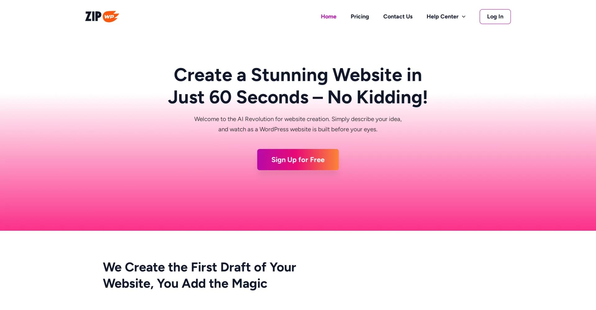 ZipWP homepage screenshot — Create a WordPress site in 60 seconds with AI.