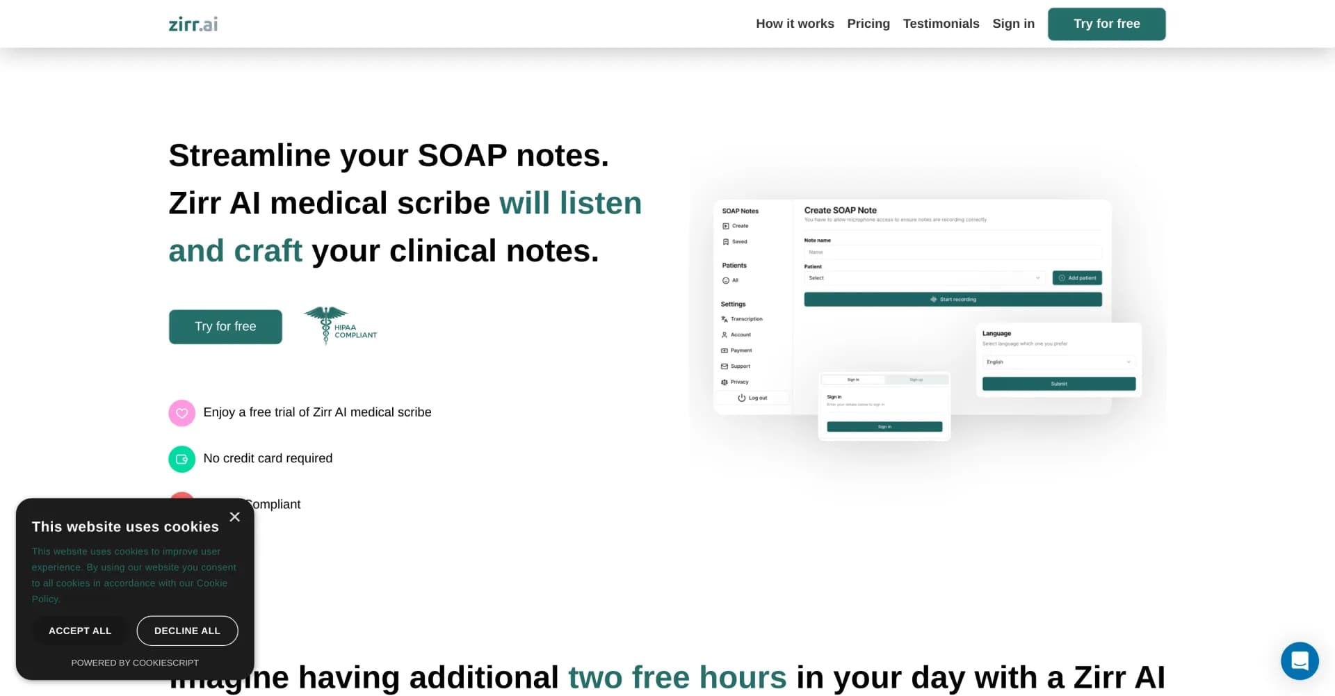Zirr AI homepage screenshot — AI assistant crafts SOAP notes from speech