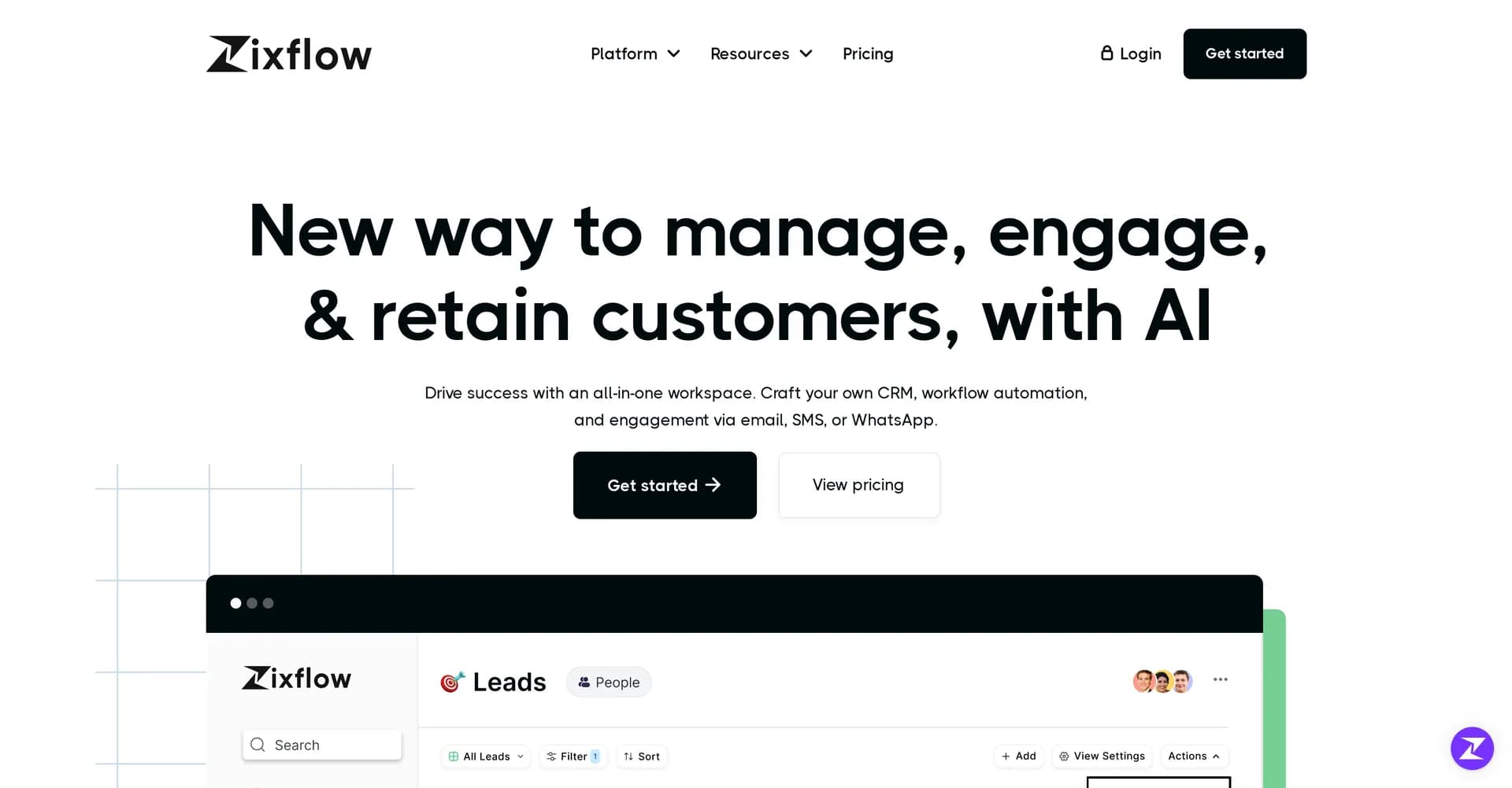 Zixflow homepage screenshot — Manage, engage, and retain customers with AI-powered tools.