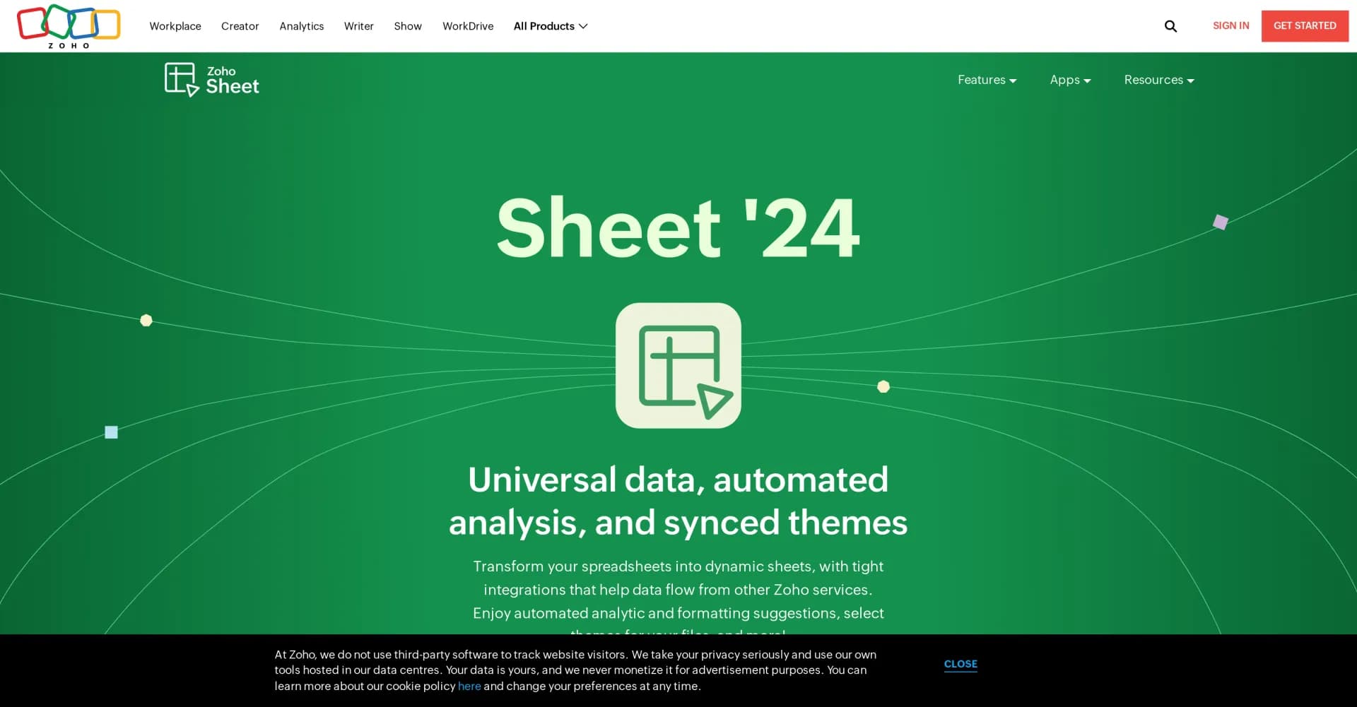 Zoho Sheet homepage screenshot — Powerful spreadsheet app with AI and data tools