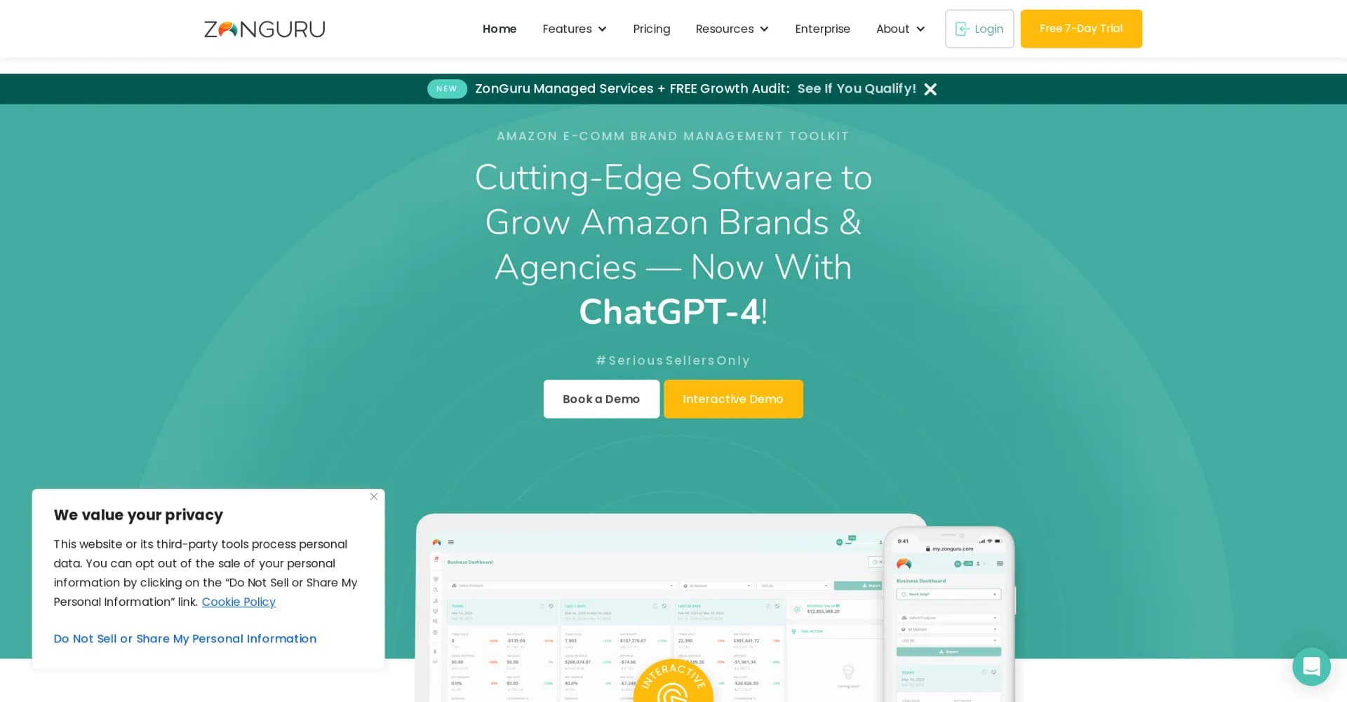 ZonGuru homepage screenshot — Data-driven tools to scale your FBA business