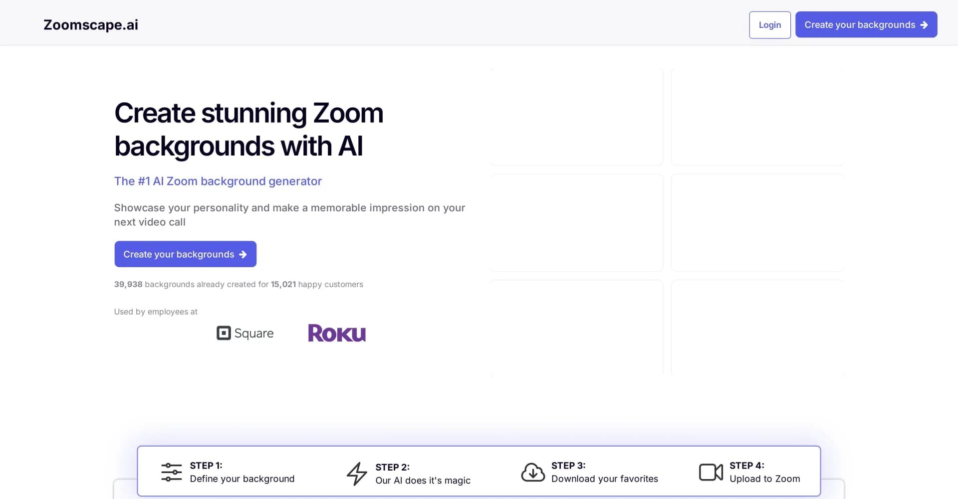 ZoomScape homepage screenshot — AI-generated stunning Zoom backgrounds
