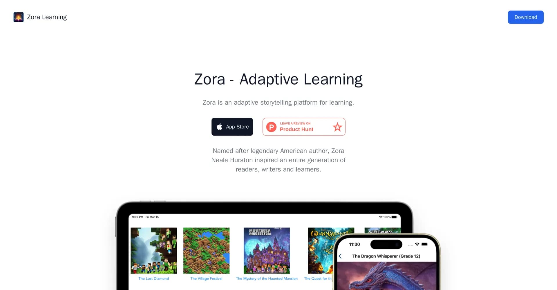 Zora - Adaptive Learning homepage screenshot — Enrich reading through adaptive storytelling.