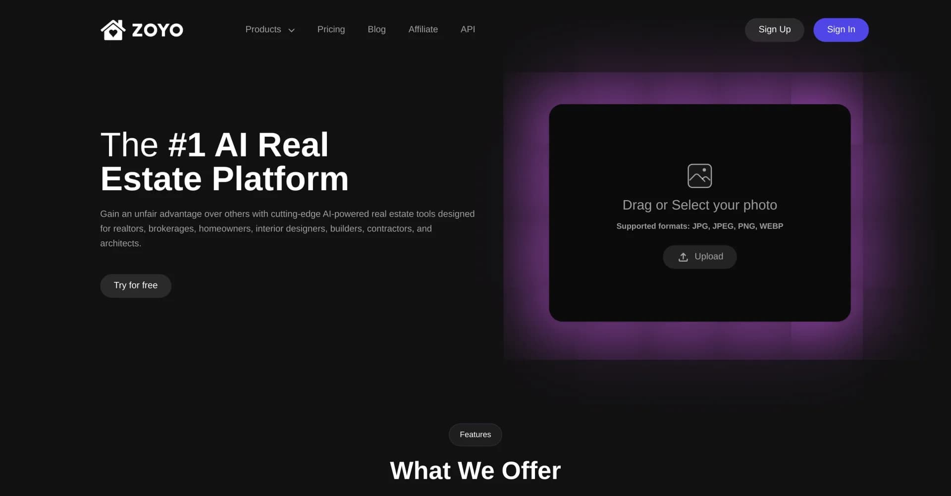 ZOYO homepage screenshot — AI-powered tools for real estate professionals