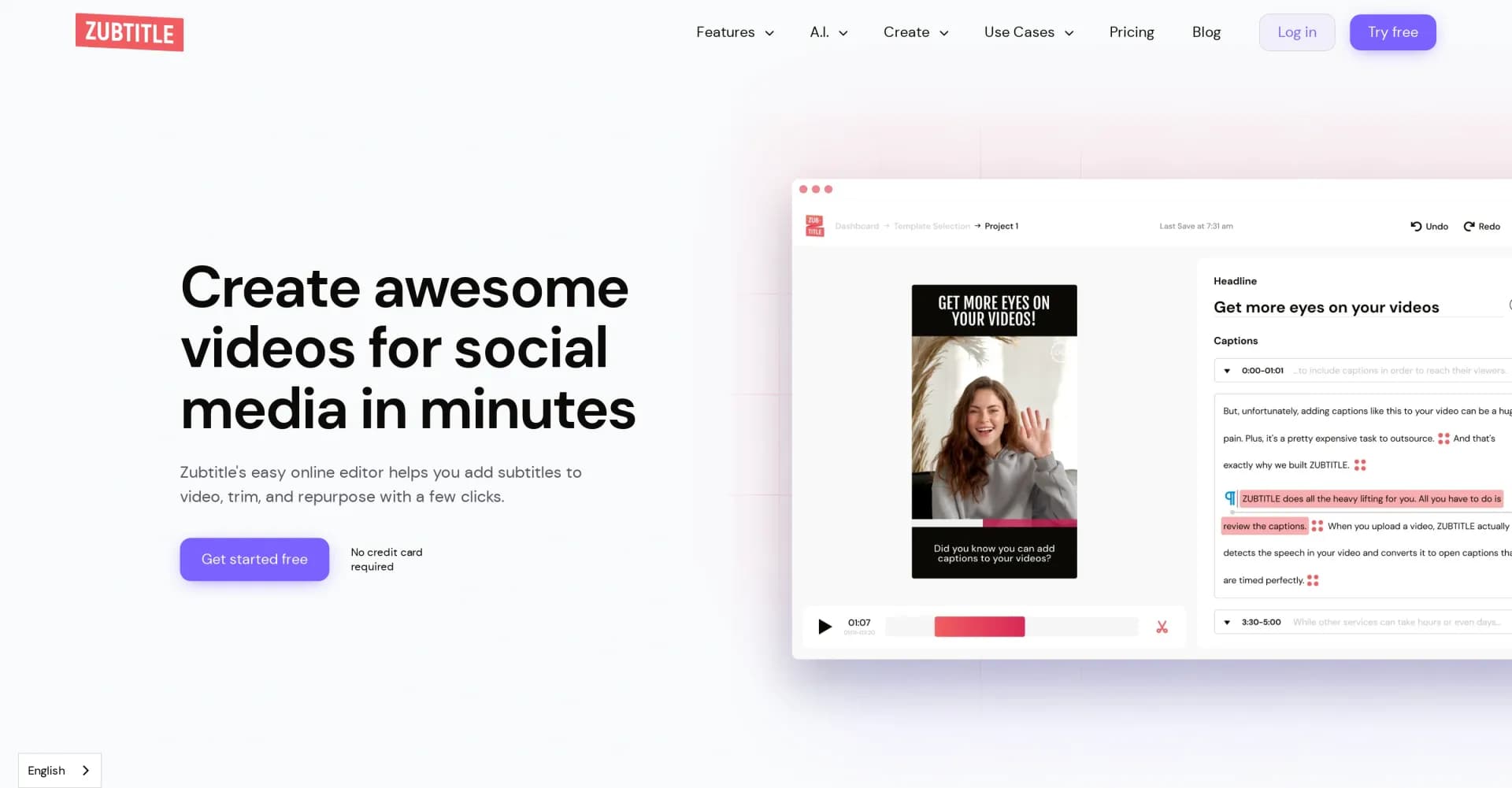 Zubtitle homepage screenshot — AI-powered video editing for easy subtitling and social medi