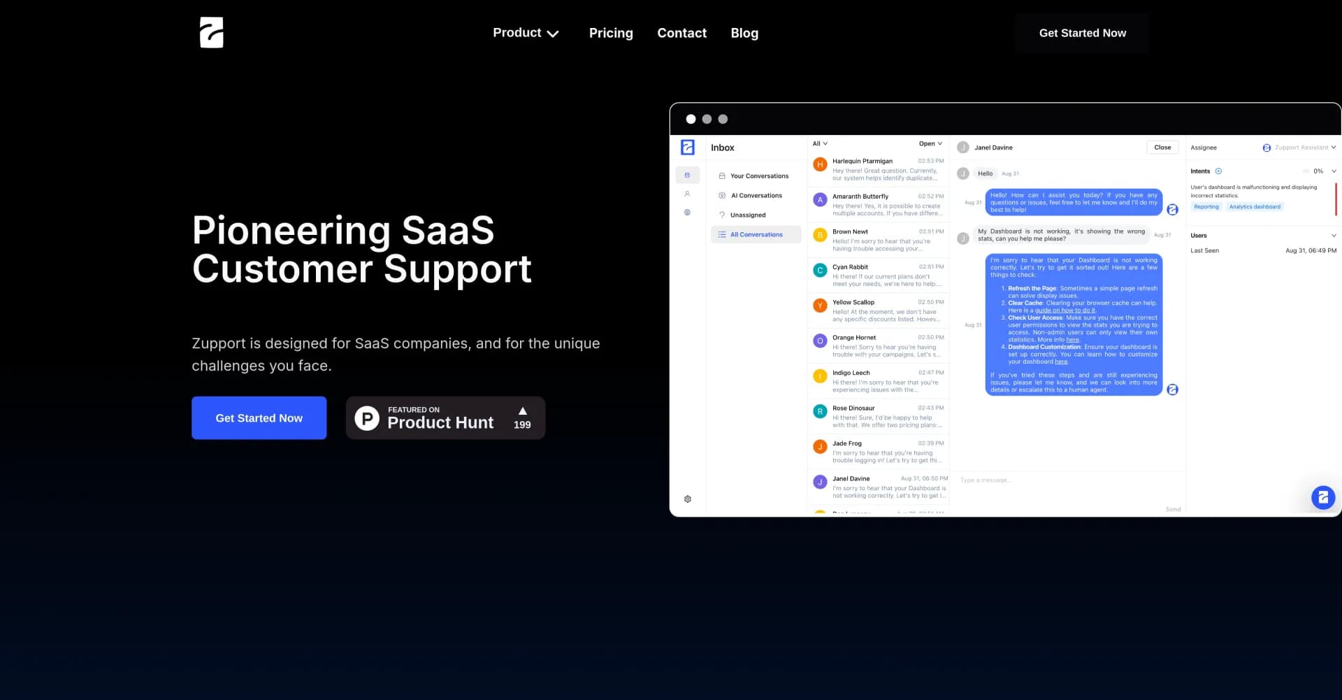 Zupport AI homepage screenshot — Pioneering AI-powered customer support for SaaS companies.