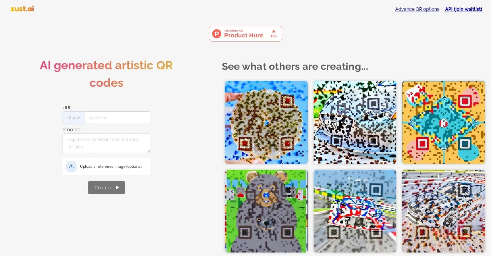 Zust homepage screenshot — Create artistic QR codes with AI