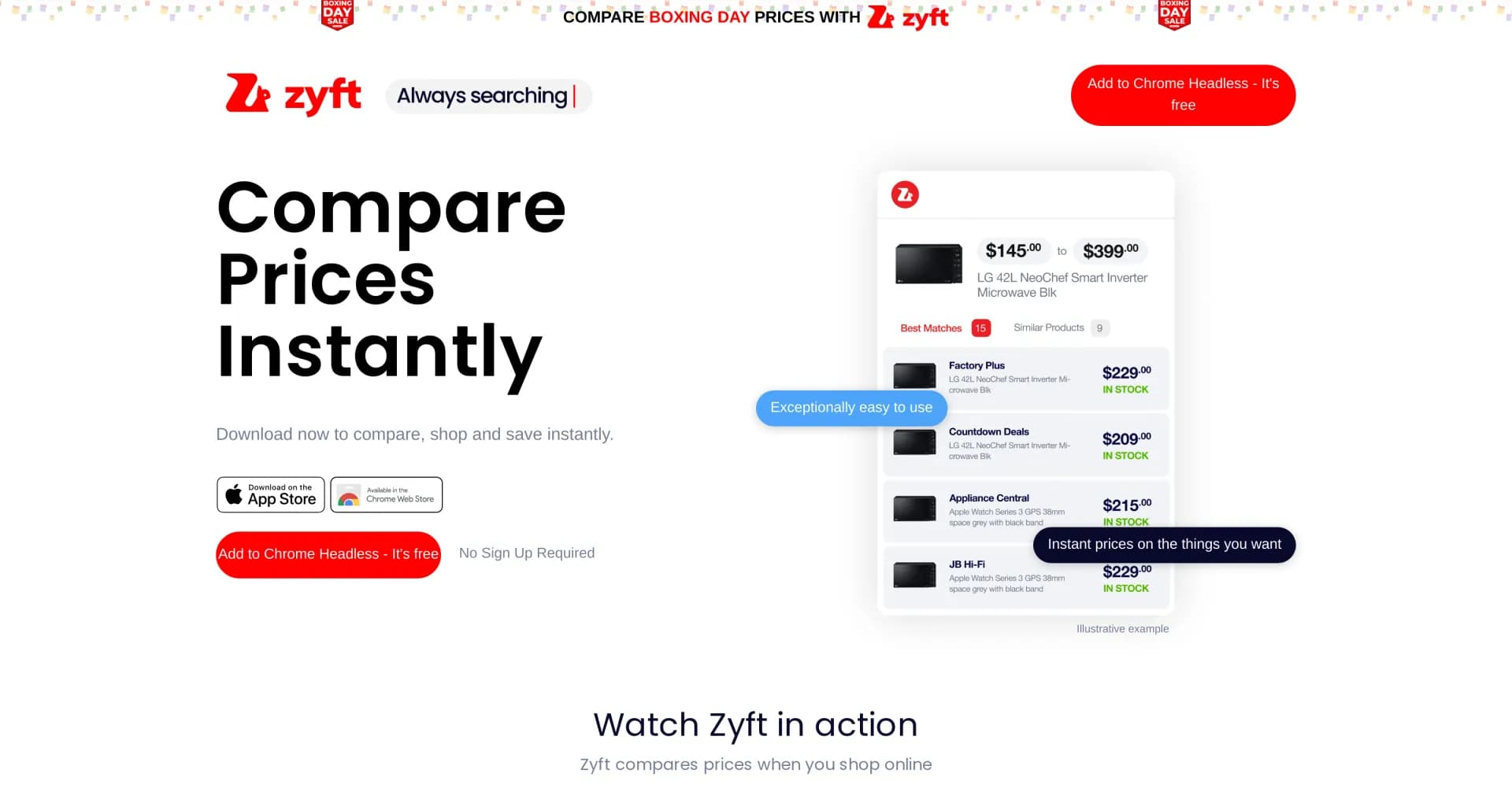 Zyft homepage screenshot — Instantly compare prices and save on your shopping.