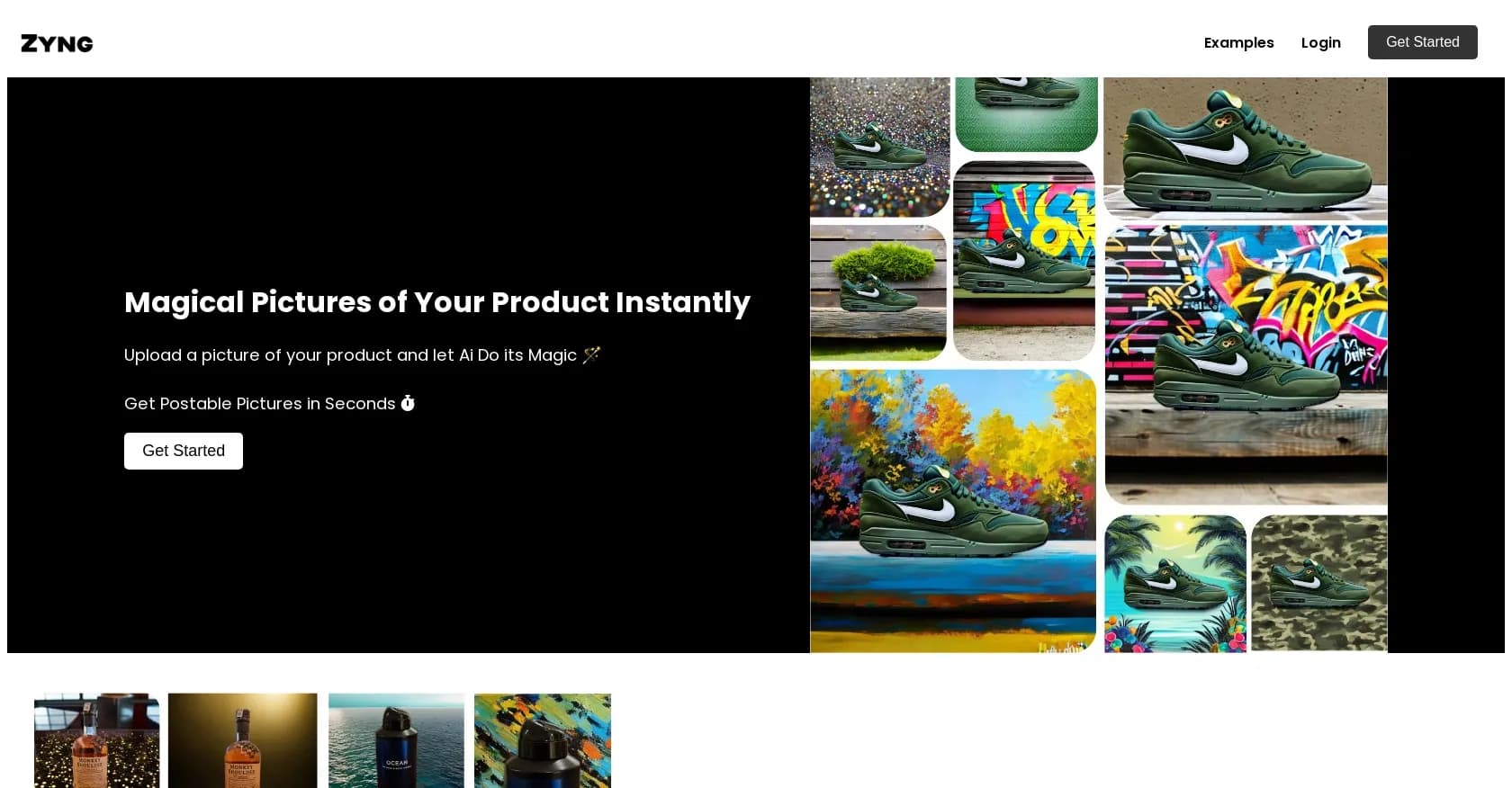 Zyng AI homepage screenshot — Instantly create magical product images with AI.