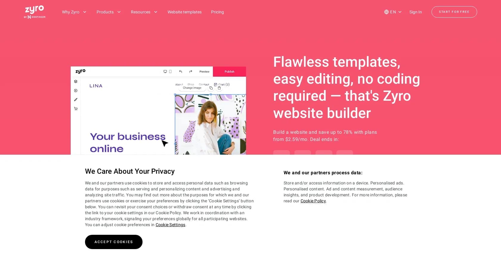 Zyro homepage screenshot — Create a website easily in minutes.