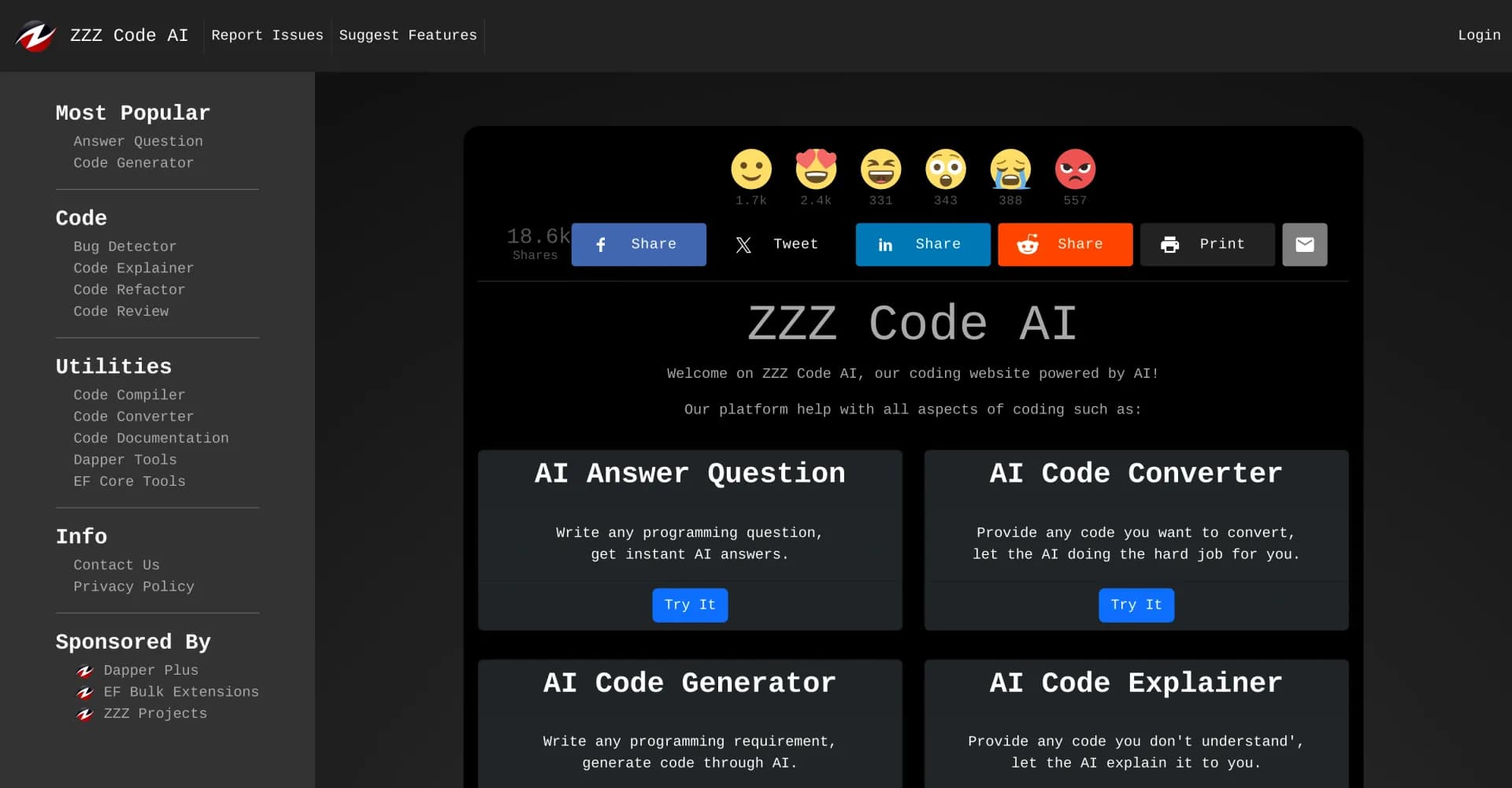 Zzzcode homepage screenshot — AI-powered coding assistant for multiple languages.